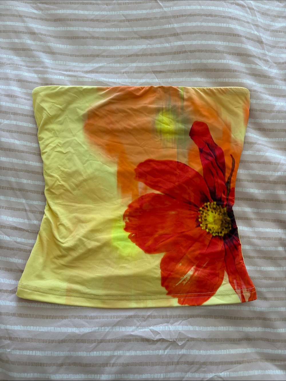 White Fox Yellow Strapless Tube Top with Bold Red Floral Print